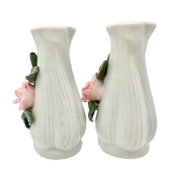 Ceramic Floral Salt and Pepper Shakers White with Pink Roses and Green Leaves - Picture 7 of 7